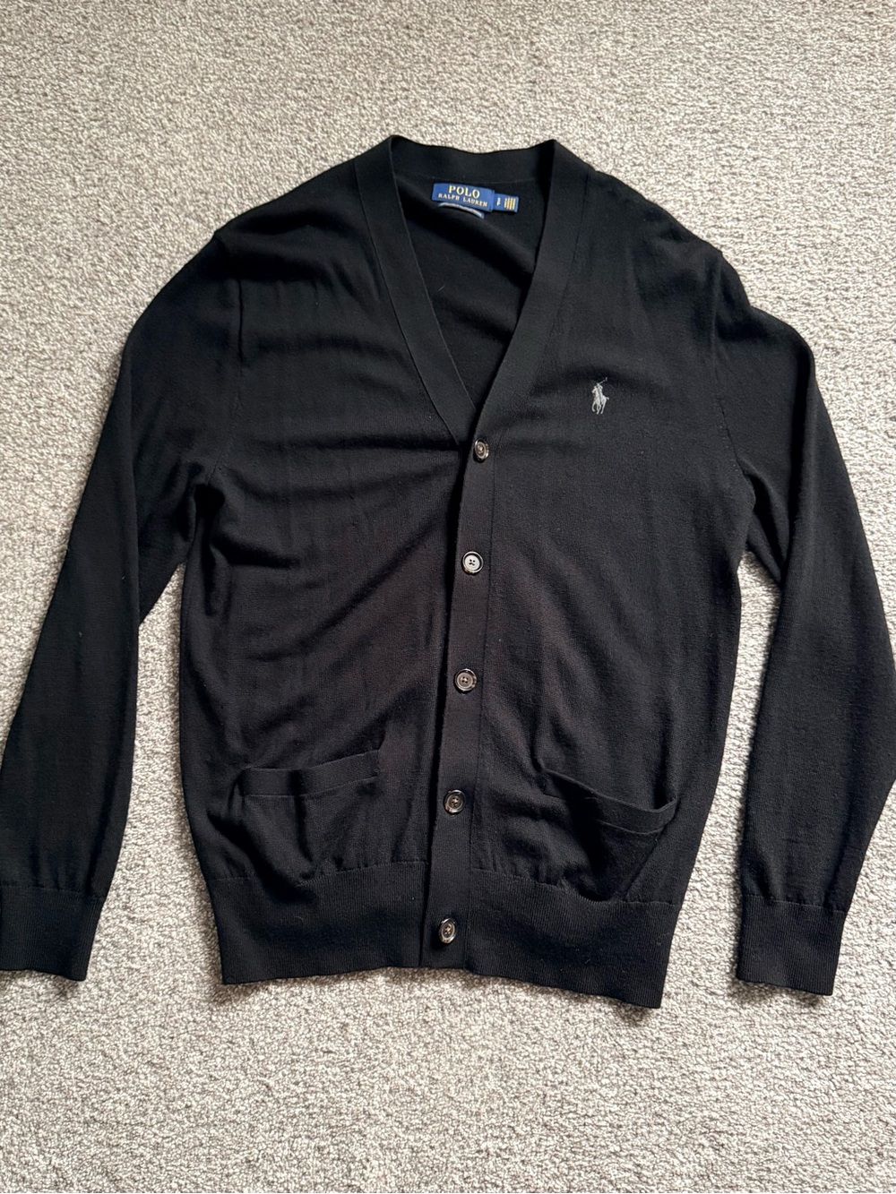 Polo by Ralph Lauren Black Washable Marino Wool Cardigan Sweater